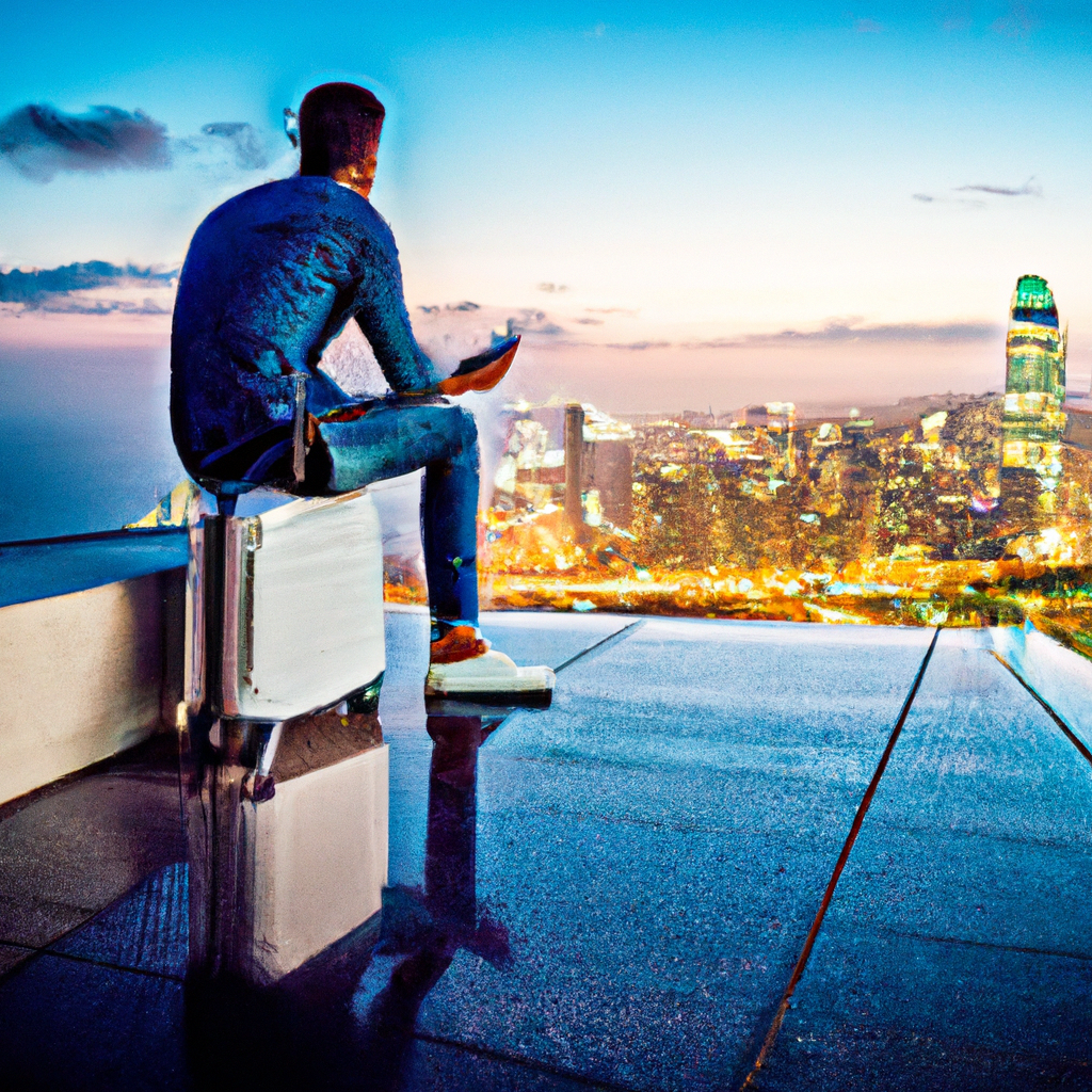 A cinematic travel scene: a traveler on a tiled rooftop looking at a warm sunset over a small city