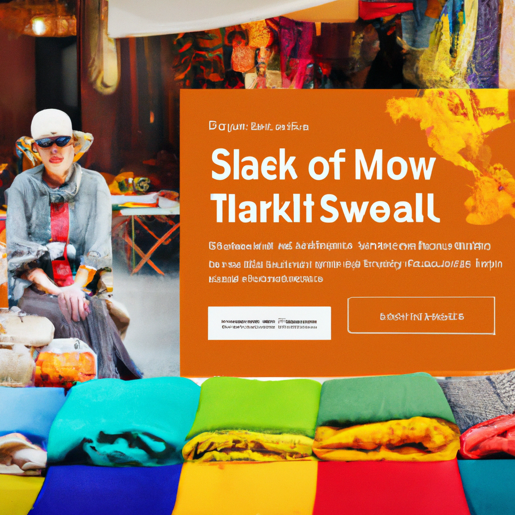 Local market stall with colorful textiles and a smiling vendor